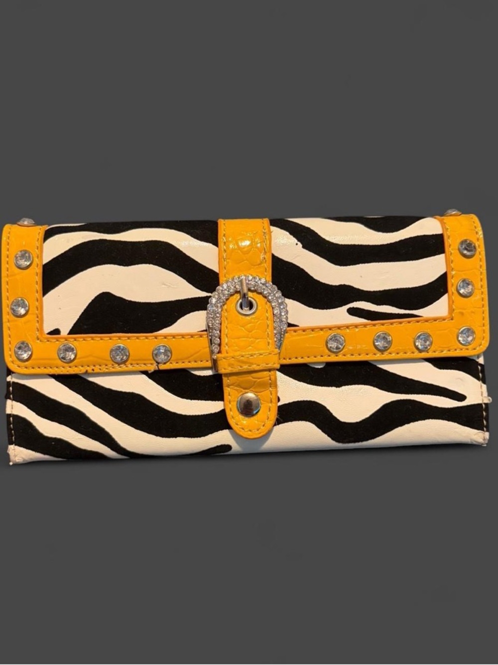 Zebra Print Wallet with Yellow Trim and Rhinestone Buckle